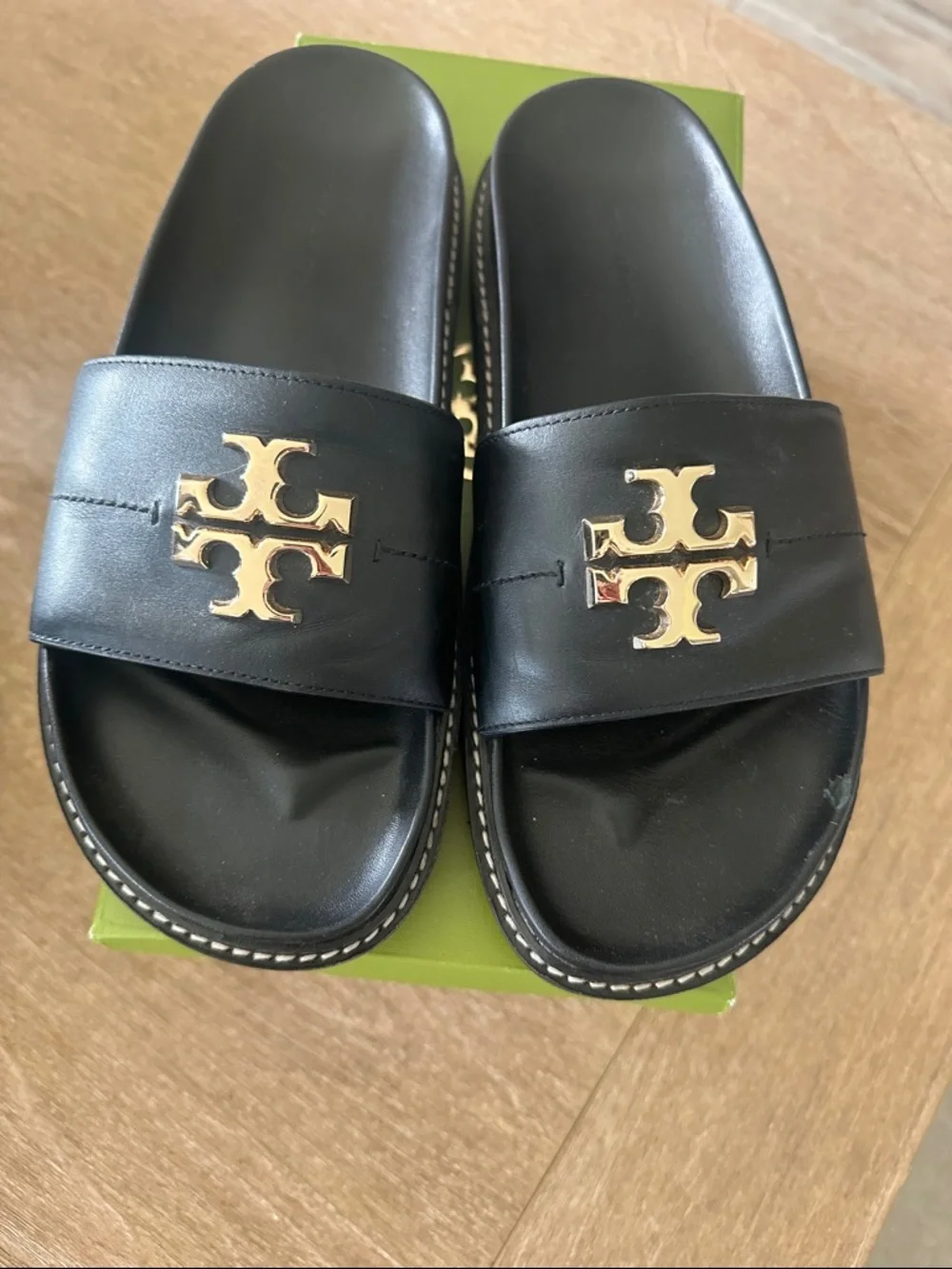 Tory Burch Black Leather Slide Sandals with Gold Logo Accent - Picture 2 of 10